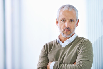 Sticker - Portrait, arms crossed and confident business man in office, startup company or creative career. Designer, entrepreneur and face of mature person for serious, management or development in workplace