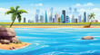 Ocean beach panorama with small island and cityscape view. Tropical beach with city landscape background cartoon illustration