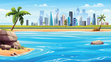 Fototapeta Pokój dzieciecy - Ocean beach panorama with small island and cityscape view. Tropical beach with city landscape background cartoon illustration