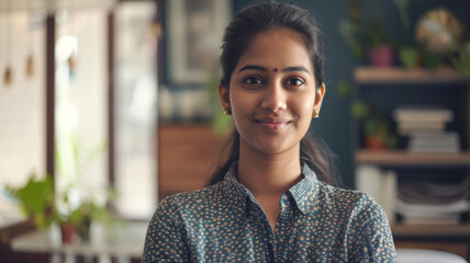 Sticker - Serene young woman with a gentle smile at ease in her stylish home environment.