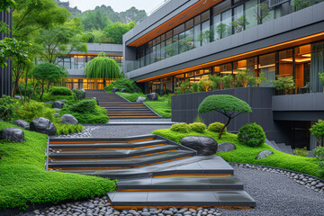 Poster - A panoramic shot of a modern business campus with landscaped surroundings, fostering a balanced and inspiring work environment. Concept of a holistic workplace. Generative Ai.