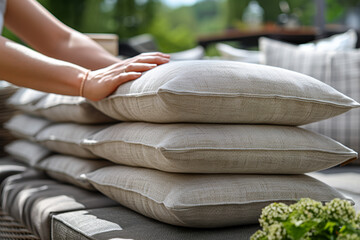 Canvas Print - A person inspecting outdoor furniture and cushions, preparing them for use during the warmer months. Concept of outdoor living space readiness. Generative Ai.