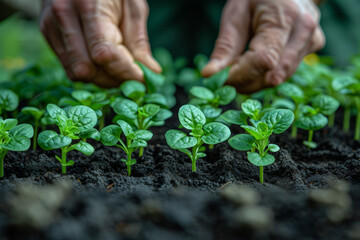 Poster - A close-up of hands transplanting seedlings into larger pots for stronger root development. Concept of seedling care. Generative Ai.