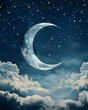 Silver crescent moon with stars and white clouds on dark background.