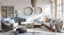 Cozy Modern Living Room With A Coastal-themed Decor, Including White-washed Walls, Rattan Furniture, And Nautical Accents Like Rope Decor And Striped Throw Pillows