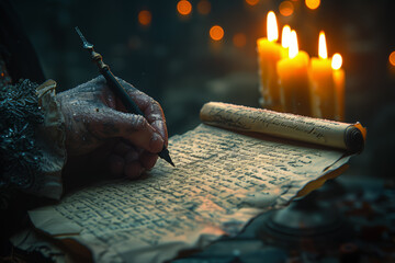 A person using a quill to write a letter by candlelight, reflecting on the historical significance of written communication. Concept of romantic correspondence. Generative Ai.