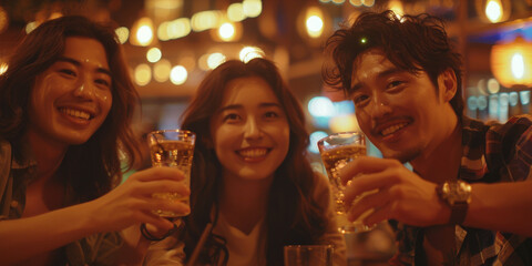 Group of young adults asian friends clink glasses in a bar at night , drinking to celebrate an event festive background