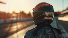 Race Car Driver In Helmet Gazes Ahead, Anticipation Before The Race On The Track.
