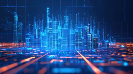 Wall Mural - Digital Cityscape, network of digital infrastructure visualizes a city of the future, with glowing blue buildings and pulsating data streams representing the vibrant heartbeat of a smart urban grid