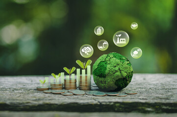 Wall Mural - Green business growth. Sustainable investment finance, ESG funds or sustainability funds. A tree grows on a pile of coins with a graph and a green globe with icons.