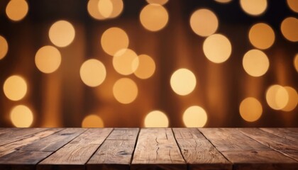 Wall Mural - Wooden table in front of blurred background with bokeh lights