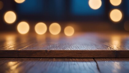 Wall Mural - Wooden table in front of blurred background with bokeh lights