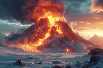 Canvas Print - A volcanic eruption amidst a snowy wilderness, exemplifying the raw power and contrast between heat and cold. Concept of geothermal juxtaposition. Generative Ai.