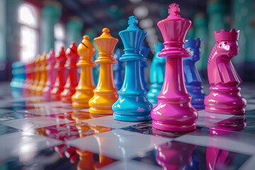 Wall Mural - a colorless chessboard evolving into a spectrum of hues as players engage in a strategic and colorfu