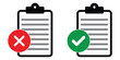 approved and rejected document icon. Clipboard with document, red cross and green tick. vector symbol on transparent background.