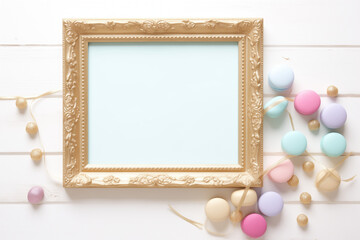 gold picture frame with decorations. Mock up for your photo or text Place your work, print art,shabby style, white background,, pastel color book, paris, lipstick, mint and gold accessories