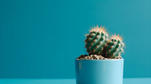 Plant Cactus On Blue Background With Place For Text