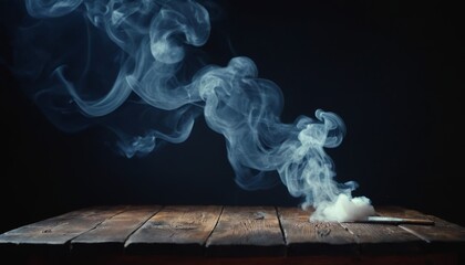 Wall Mural - Wooden table with smoke on a dark background. Halloween party concept