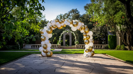 Wall Mural - une arche de ballons blancs et dorés installée dans un parc sur une terrasse pour un mariage ou un anniversaire