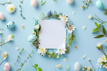 Wall Mural - wreath made of various flowers, easter eggs, and leaves on a pastel blue background with white paper in the middle 