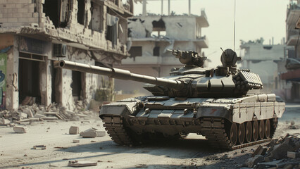 Tank prowling through war-torn city under a cloud of bleakness.