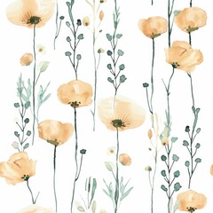 Wall Mural - Seamless watercolor illustration of Lemon Drop yellow poppies with green foliage, perfect for charming textile and wallpaper designs.