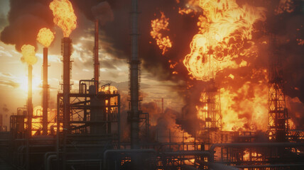 Apocalyptic vision of industrial area engulfed in flames.