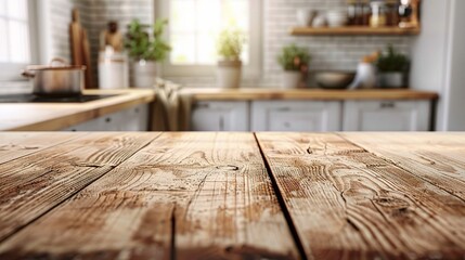 Wall Mural - Wood table top on blur kitchen window background.