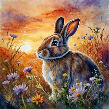 easter bunny in the grass watercolor paint