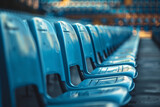 Fototapeta  - A row of blue plastic seats in a sports stadium close-up