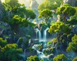 Create a sylvan landscape filled with lush trees, serene rivers, and hidden creatures