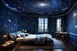 A room with a ceiling designed as a starry night sky, complete with constellations and shooting stars.
