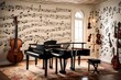 A music-inspired room with musical notes painted on the walls, a keyboard-shaped rug, and instrument decorations.
