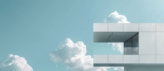 Sticker - Minimalist modern architecture with a white concrete wall and an open window overlooking a blue sky and clouds, set against a summer sky backdrop.