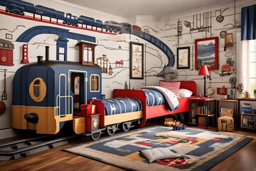 A train-themed room with a train-shaped bed, tracks running along the walls, and train station-inspired decor.