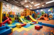 A soft play zone with foam mats, tunnels, and slides, set against a backdrop of playful wall decals.