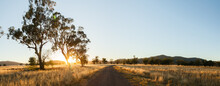 Sun rising up over paddock and dirt road on farm