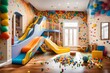 A miniature indoor slide leading into a ball pit, surrounded by cheerful wall decals.
