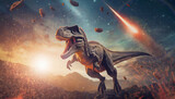 Fototapeta Kosmos - Tyrannosaurus running from falling meteors and comets. Immense asteroid collision causing the extinction of the dinosaurs millions years ago
