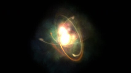 Dynamic lights atom model. Abstract fire atom  animation rotation around nucleus on black background. Concept of science, energy, matter, quantum physics