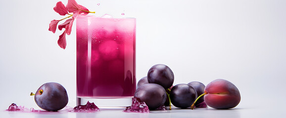 A glass of grape juice with a splash on a pink background ,iced drink with cherry and mint isolated on white background
