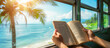 women reading book at train with beach view. summer travel vacation concept background