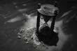 Focus on the haunting simplicity of a lone hourglass, its grains of sand frozen mid-fall, evoking a sense of time suspended in an eternal limbo.