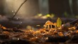 a beautiful autumn landscape with mushrooms and fallen leaves in a forest glade at sunset, sunlight and beautiful nature