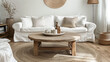 Round wood coffee table against white sofa, Scandinavian home interior design of modern living room nordic style deco idea