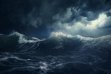 Fototapeta Przestrzenne - sea storm, dark dramatic stormy sky with cumulus clouds over waves for abstract background