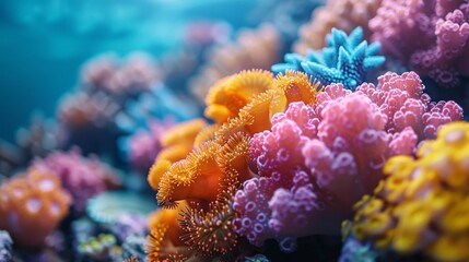 Wall Mural - close up of colorful sea coral reef claymation, penetration light, text copy space