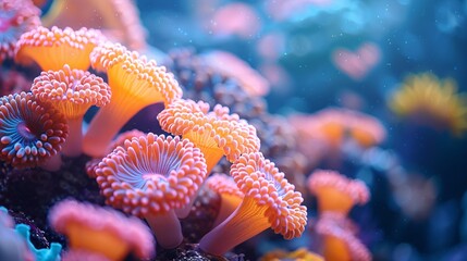 Wall Mural - close up of colorful sea coral reef claymation, penetration light, text copy space