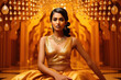 beautiful woman in golden dress in golden room
