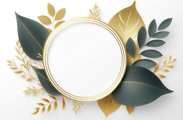 Wall Mural - Luxury botanical gold wedding frame elements on white background. Set of circle shapes, glitters, eucalyptus leaves, leaf branches. Elegant foliage design for wedding, card, invitation, greeting